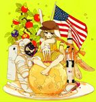  american_flag animal_ears apple apple_tree bad_id bad_pixiv_id barefoot blonde_hair blood brown_hat bunny_ears earth feet_together flag floppy_ears food fruit hat highres jpeg_artifacts knees_apart_feet_together looking_at_viewer moon nail_polish orange_shirt oversized_object pink_nails plate red_eyes ribbon ringo_(touhou) rocket shimana_(cs-ts-az) shirt short_sleeves shorts sitting solo spacesuit star striped tongue tongue_out touhou tree vertical-striped_shorts vertical_stripes yellow_background yellow_shorts 
