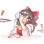  1girl ascot black_hair bow commentary cryokinesis cup detached_sleeves frilled_bow frilled_hair_tubes frills hair_bow hair_tubes hakurei_reimu holding holding_cup ice long_hair mirae_somang red_bow ribbon-trimmed_sleeves ribbon_trim solo touhou yellow_ascot 