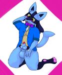 animal_genitalia animal_penis anthro balls blush bow_tie canine_genitalia canine_penis clothed clothing eyewear generation_4_pokemon genitals glasses half-erect hi_res lucario male nintendo open_clothing open_shirt open_topwear penis pokemon pokemon_(species) sheath shirt solo topwear vulnec