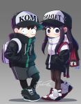  1boy 1girl absurdres artist_name backpack bag bag_charm black_footwear black_hat black_jacket blush character_doll character_name charm_(object) chibi closed_mouth clothes_writing commentary drawstring ear_blush flower full_body grey_background grey_shorts hands_in_pockets hat hat_flower highres j_humbo jacket komi-san_wa_komyushou_desu komi_shouko long_hair long_sleeves looking_at_viewer no_mouth no_nose pantyhose purple_eyes purple_hair shoes short_hair shorts signature sneakers standing tadano_hitohito white_footwear white_hat 