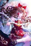 1girl absurdres ascot bow brown_hair closed_mouth commentary detached_sleeves frilled_bow frilled_hair_tubes frills gohei hair_bow hair_tubes hakurei_reimu highres holding holding_gohei long_hair looking_at_viewer red_bow red_skirt skirt skirt_set solo suzushina touhou twitter_username yellow_ascot yellow_eyes 