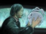 bandai_namco beady_eyes black_hair clothing crossover cute_fangs digimon digimon_(species) duo facial_hair feral hair human humor john_wick john_wick_(character) long_hair male mammal mas_square necktie pink_body suit tokomon