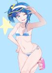  1girl ahoge bikini blue_background blue_bikini blue_eyes blue_hair breasts cowboy_shot cut_bangs highres hirogaru_sky!_precure long_hair navel nemo_(user_ryaa2474) one_eye_closed precure side-tie_bikini_bottom side_ponytail small_breasts smile solo sora_harewataru standing standing_on_one_leg star_(symbol) swimsuit toeless_footwear two-tone_bikini visor_cap 