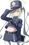  1girl belt black_belt black_hat black_jacket black_shorts black_tail blue_archive blush cowboy_shot demon_tail earrings gloves green_hair green_halo grin hair_between_eyes halo hat highlander_twintails_conductor_(blue_archive) highres jacket jewelry long_hair long_sleeves navel pantyhose peaked_cap pointy_ears shorts simple_background single_earring smile solo tail white_background white_gloves white_pantyhose yako_mashiro yellow_eyes 