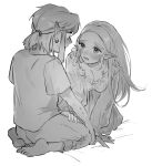  1boy 1girl blush breasts cleavage ear_piercing full_body greyscale highres link long_hair looking_at_another medium_hair monochrome nightgown pants parted_lips piercing pointy_ears princess_zelda shirt short_ponytail sitting the_legend_of_zelda the_legend_of_zelda:_breath_of_the_wild turippy 