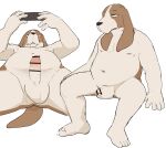  anthro balls basset_hound big_balls blush brown_body brown_fur canid canine canis domestic_dog electronics erection fur genitals hi_res holding_object holding_phone humanoid_genitalia humanoid_penis hunting_dog looking_at_object looking_at_phone lying male mammal manmosu_marimo navel nipples nude on_back overweight overweight_anthro overweight_male penis phone scent_hound simple_background sitting solo white_background white_body white_fur 