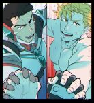  2boys ao_isami armor bara black_bodysuit black_gloves black_hair blonde_hair bodysuit couple duruko gloves holding_hands large_pectorals lewis_smith male_focus multiple_boys muscular muscular_male open_mouth pectorals short_hair yaoi yuuki_bakuhatsu_bang_bravern 