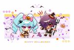  ... 1boy 1girl black_footwear black_jacket blue_hair bow candy chibi cross dark-skinned_male dark_skin drill_hair food fork full_body ghost hair_bow hair_over_one_eye halloween halloween_costume happy_halloween hat highres holding_trident idol_land_pripara jack-o&#039;-lantern jacket katasumi_amari lollipop long_hair looking_at_viewer mario_(pripara) mini_hat mini_witch_hat notice_lines open_mouth outline pink_bow pink_eyes pretty_series pripara purple_hair rabbit red_eyes short_hair smile spoken_ellipsis spoon standing star_(symbol) swirl_lollipop twin_drills twintails very_long_hair white_outline witch_hat zhou_(suzusuz57561619) 