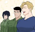  1girl 2boys ao_isami bara blue_shirt closed_eyes ekstmekajr from_side girl_staring_at_guys_chest_(meme) green_jumpsuit hibiki_rio highres jumpsuit large_pectorals lewis_smith looking_at_pectorals male_focus meme multiple_boys muscle_envy muscular muscular_male open_mouth pectorals shirt smile upper_body yuuki_bakuhatsu_bang_bravern 