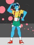 abstract_background anthro anthrofied bottomwear clothing crop_top footwear full-length_portrait fuze generation_3_pokemon gesture grin hat headgear headwear hi_res hotpants male midriff mudkip navel nintendo pokemon pokemon_(species) pokemorph portrait shirt shoes shorts smile socks solo suspenders t-shirt topwear waving