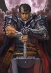  1boy arm_wrap armor bandaged_arm bandages berserk black_hair blood blood_on_arm breastplate cape cloud cloudy_sky cuirass dragonslayer_(sword) greatsword guts_(berserk) hand_wraps highres holding holding_sword holding_weapon huge_weapon knife_sheath leather looking_at_viewer miura_kentarou moon moonlight muscular muscular_male official_art one_eye_closed plate_armor pouch prosthesis prosthetic_arm scar scar_on_arm scar_on_face scar_on_nose sheath short_hair shoulder_armor sky solo spiked_hair sword textless_version weapon 