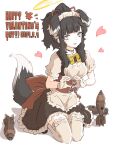  1girl alternate_costume ammunition animal_ears apron black_choker black_hair blue_archive blue_eyes bow breasts bright_pupils choker cleavage dog_ears dog_tail english_text extra_ears frilled_apron frilled_hairband frilled_skirt frilled_thighhighs frills gloves hairband halo happy_valentine hariyaa heart heart_hands hibiki_(blue_archive) highres kneeling medium_hair mortar_shell short_sleeves sidelocks simple_background skirt solo tail thighhighs underbust waist_apron white_background white_gloves white_thighhighs yellow_bow yellow_halo 