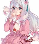  1girl blue_eyes blush bow closed_mouth dress eromanga_sensei grey_hair hair_bow hand_up headphones headset highres holding izumi_sagiri long_hair long_sleeves looking_at_viewer low-tied_long_hair natie_(latte) pajamas pink_bow pink_dress signature simple_background solo tears upper_body white_background white_hair 