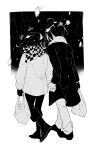  2boys absurdres ahoge bag black_coat black_gloves blush checkered_clothes checkered_scarf coat danganronpa_(series) danganronpa_v3:_killing_harmony evercelle flipped_hair from_behind full_body gloves greyscale head_steam highres holding holding_bag holding_hands male_focus monochrome multiple_boys oma_kokichi saihara_shuichi scarf shopping_bag short_hair signature snowing walking white_scarf winter_clothes yaoi 