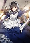  apron artist_name black_eyes black_hair blue_dress blush commentary dated dress frills juliet_sleeves long_hair long_sleeves looking_at_viewer maid maid_apron maid_headdress original puffy_sleeves smile solo sukja sunlight 