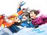  akuno_hideo blue_eyes breath brown_hair cellphone closed_eyes coat frame_(idolmaster) gloves idolmaster idolmaster_side-m kimura_ryuu koutake_hiroyoshi looking_up male_focus multiple_boys phone self_shot sharp_teeth shingen_seiji smartphone snow snowman teeth v winter_clothes winter_coat 