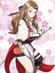  1girl armor brown_hair closed_mouth fire_emblem hana_(fire_emblem) hana_(resplendent)_(fire_emblem) highres holding holding_sword holding_weapon japanese_armor japanese_clothes katana long_hair looking_at_viewer matchanosuke_fe official_alternate_costume solo sword weapon 