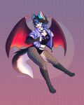  4:5 anthro bat_wings big_wings black_clothing black_hair black_panties black_underwear blue_eyes blue_hair blue_horn breasts canid canid_demon canine choker clothing cross cross_necklace curvy_figure dark_wings demon eraiza_harou_(mileybunboi) female fishnet_stockings fluffy fluffy_tail freyjagc fur grey_body grey_fur hair hellhound hi_res highlights_(coloring) horn jacket jewelry looking_at_viewer mammal membrane_(anatomy) membranous_wings mythological_canine mythological_creature mythology necklace panties purple_clothing purple_jacket purple_topwear red_wings seductive simple_background solo succubus tail thick_thighs topwear underwear voluptuous white_body white_fur wings 