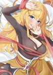  1girl absurdres bed_sheet black_bodysuit blonde_hair blue_eyes bodysuit bound bound_wrists breasts cleavage darkness_(konosuba) from_above hair_ornament hand_to_own_mouth hands_up highres kono_subarashii_sekai_ni_shukufuku_wo! long_hair long_sleeves looking_at_viewer lying medium_breasts on_back open_mouth red_ribbon ribbon saliva_drip sayu_(user_yjsz2885) skirt solo torn_bodysuit torn_clothes x_hair_ornament yellow_skirt 