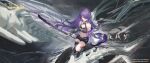  1girl acheron_(honkai:_star_rail) bare_shoulders black_footwear boots commentary_request halterneck highres honkai:_star_rail honkai_(series) katana leg_tattoo long_hair midriff navel off_shoulder purple_eyes purple_hair scabbard sheath sitting solo stomach sword tattoo very_long_hair wboss weapon 