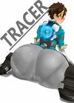  1girl alternate_color ass ass_focus blush bodysuit bomber_jacket bouzon brown_eyes brown_hair cameltoe character_name commentary_request crotch_seam dutch_angle from_behind glowing goggles grey_bodysuit highres huge_ass jacket looking_at_viewer looking_back orange_goggles overwatch overwatch_1 pantylines patch shoe_soles short_hair simple_background sitting sleeves_rolled_up solo tracer_(overwatch) trefoil union_jack wariza wavy_mouth white_background 