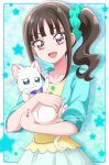  1girl animal aqua_scrunchie black_hair blue_border blue_shirt border cat commentary dated dress hair_ornament hair_scrunchie hanzou highres holding holding_animal looking_at_viewer medium_hair nekoyashiki_mayu nekoyashiki_yuki nekoyashiki_yuki_(cat) open_mouth precure purple_eyes scrunchie shirt short_sleeves side_ponytail sidelocks smile solo standing starry_background twitter_username two-tone_dress white_dress wonderful_precure! yellow_dress 