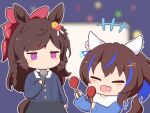  +++ 2girls :d animal_ears blue_hair blue_shirt blush_stickers bow braid brown_hair chibi daiichi_ruby_(umamusume) daitaku_helios_(umamusume) drill_hair fang flower gomashio_(goma_feet) hair_between_eyes hair_bow hair_flower hair_ornament hairclip holding holding_instrument holding_microphone horse_ears horse_girl horse_tail instrument jitome long_hair maracas microphone multicolored_hair multiple_girls purple_eyes raglan_sleeves red_bow red_flower shirt side_drill side_ponytail smile star_(symbol) star_hair_ornament streaked_hair tail twin_drills umamusume very_long_hair white_shirt yellow_flower 