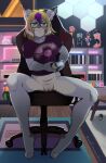 absurd_res anthro badlavender blonde_hair bottomless bottomless_female clothed clothing concentrating controller eyewear female game_controller gaming gaming_chair genitals glasses green_eyes hair hi_res pink_hair playing_videogame pussy solo