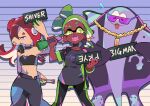  1boy 2girls big_man_(splatoon) black_leggings black_pants breasts cephalopod_eyes character_name cleavage closed_mouth colored_eyelashes commentary crop_top dark-skinned_female dark_skin drumsticks ear_piercing eyelashes fangs flying_sweatdrops frye_(splatoon) gold_necklace gomipomi green_eyes green_hair guitar hair_over_one_eye headphones headphones_around_neck holding holding_drumsticks holding_guitar holding_instrument inkling instrument jewelry leggings long_hair looking_at_viewer manta_ray multiple_girls navel_piercing necklace no_earrings octoling open_mouth pants piercing pointy_ears purple-tinted_eyewear red_eyes red_hair red_pupils shiver_(splatoon) short_hair splatoon_(series) splatoon_3 star-shaped_pupils star_(symbol) sunglasses symbol-shaped_pupils tentacle_hair thick_eyebrows tinted_eyewear yellow_pupils 