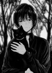  1boy animal bishounen black_eyes black_hair black_shirt blush cat closed_mouth dm_owr greyscale highres holding holding_animal holding_cat looking_at_viewer male_focus monochrome necktie original shirt tree upper_body 