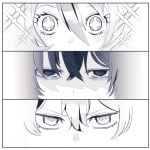  1girl 2boys close-up determined don_quixote_(project_moon) empty_eyes eye_focus greyscale limbus_company looking_at_viewer madotsuki_ren monochrome multiple_boys project_moon sinclair_(project_moon) sparkle sparkling_eyes yi_sang_(project_moon) 