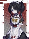  1girl ame-chan_(needy_girl_overdose) apron bian_cheng_gou_shouhu_tuo_ma_xiansheng black_dress black_hair bow closed_mouth collared_dress cowboy_shot dress glitch hair_over_one_eye highres long_hair looking_at_viewer maid_headdress needy_girl_overdose official_alternate_costume puffy_short_sleeves puffy_sleeves purple_eyes self-harm self-harm_scar short_sleeves solo standing sweets_paradise twintails white_apron window_(computing) wrist_cuffs yellow_bow 