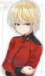  bangs blonde_hair blue_eyes braid commentary darjeeling epaulettes eyebrows eyebrows_visible_through_hair girls_und_panzer hair_between_eyes hair_up hand_on_own_arm hand_on_own_elbow isshiki_(ffmania7) jacket military military_uniform simple_background smile solo st._gloriana's_military_uniform twitter_username uniform 