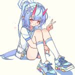  1girl 2049_(hh5566) ass bag blue_archive blue_footwear blue_hair blue_halo blush chise_(blue_archive) closed_mouth flower full_body hair_flower hair_ornament halo horns long_hair looking_at_viewer pixel_art pointy_ears ponytail red_eyes red_horns shirt shoes short_sleeves shoulder_bag simple_background sitting socks solo v white_background white_flower white_shirt white_socks 