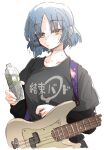  1girl bass_guitar black_shirt blue_hair blush bocchi_the_rock! bottle collarbone fender_precision_bass guitar hair_ornament hairclip hands_up hariyaa highres holding holding_bottle instrument kessoku_band_t-shirt long_sleeves looking_at_viewer mole mole_on_neck mole_under_eye parted_bangs shirt short_hair simple_background solo sweat white_background yamada_ryo yellow_eyes 