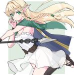  1girl blonde_hair blush braid breasts cleavage cloak dress elf eltolinde eyelashes green_cloak green_eyes grey_background hair_intakes highres holding holding_staff long_hair looking_at_viewer nmgv pointy_ears sandals simple_background sketch solo staff standing standing_on_one_leg twin_braids two-tone_background unicorn_overlord very_long_hair white_background white_dress 