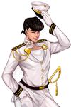  adapted_costume anchor_symbol black_hair emptycicada gloves hand_in_pocket hat heart higashikata_jousuke highres jojo_no_kimyou_na_bouken male_focus military military_hat military_uniform peace_symbol pin pompadour purple_eyes removing_hat smile solo sword uniform weapon white_gloves 