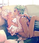  blush bottomless couch green_hair king_of_prism_by_prettyrhythm muscle nishina_kazuki piercing pretty_rhythm silver_hair size_difference smile undressing yamato_alexander yaoi 