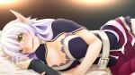  1girl atelier-moo bedroom belt blush breasts cleavage cowboy_shot dark_elf elf embarrassed hair_between_eyes highres large_breasts long_hair long_pointy_ears lying miniskirt narrow_waist nose_blush on_bed open_mouth pointy_ears purple_hair silvia_milsteen skinny skirt thighs wavy_mouth wide-eyed wizards_symphony yellow_eyes 