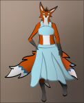 3_tails anthro big_ears blue_eyes bottomwear canid canine clothed clothing crossdressing dress dressing_up exposed_shoulder fox fur girly hi_res male mammal multi_tail one_leg_up pavanilmailum raised_leg rexouium roxxie(pavanilmailum) solo standing tail topwear