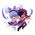  1boy 1girl :d \m/ animal_ear_hairband animal_ears arm_up belt black_belt black_footwear blue_hair body_markings boots chibi dark-skinned_male dark_skin demon_wings drill_hair fake_animal_ears full_body glowing_clothes grey_pants guitar hair_over_one_eye hairband highres holding holding_guitar holding_instrument holding_microphone idol_clothes idol_land_pripara index_finger_raised instrument katasumi_amari knee_boots long_hair looking_at_viewer mario_(pripara) microphone open_mouth pants pink_eyes playing_guitar polka_dot polka_dot_skirt pretty_series pripara rabbit_ear_hairband rabbit_ears red_eyes red_wings shoes short_hair skirt smile sparkle standing swirl tongue tongue_out topless_male twin_drills twintails white_background wings zhou_(suzusuz57561619) 