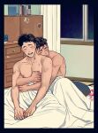  2boys bed_sheet bite_mark bite_mark_on_neck black_hair blush brown_eyes bruised_chest closed_eyes couple highres hug hug_from_behind indoors lio28837778 male_focus miyagi_ryouta multiple_boys naked_sheet nipples short_hair sitting slam_dunk_(series) smile sweat undercut upper_body wavy_hair yaoi yasuda_yasuharu 