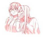  2girls blush closed_eyes closed_mouth commentary egakuning glasses hand_on_another&#039;s_face highres jacket kamikoshi_sorawo long_hair long_sleeves monochrome multiple_girls neck_ribbon nishina_toriko open_clothes open_jacket photo-referenced ribbon shirt short_hair smile upper_body urasekai_picnic yuri 