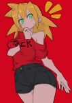  1girl absurdres alternate_costume arm_between_breasts between_breasts black_shorts blonde_hair blush breasts buzzlyears collarbone green_eyes highres medium_hair mega_man_(series) mega_man_legends_(series) off_shoulder print_shirt red_background red_shirt roll_caskett_(mega_man) shirt short_sleeves shorts simple_background solo text_print 