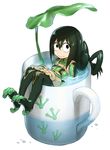  :&gt; asui_tsuyu bangs black_eyes black_hair bodysuit boku_no_hero_academia closed_mouth cup dripping eyebrows eyebrows_visible_through_hair footprints full_body gloves green_bodysuit hair_between_eyes hair_rings hands_on_thighs highres in_container in_cup leaf_umbrella long_hair long_sleeves looking_at_viewer low-tied_long_hair minigirl mug murakami_hisashi oversized_object partially_submerged paw_gloves paw_shoes paws shoes simple_background sitting solo unitard water_drop wet wet_hair white_background 