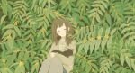  1girl animal black_cat brown_hair cat closed_eyes flower green_theme grey_pantyhose hinao_(flowerrabbit2348) holding holding_animal jacket knees_up leaf long_hair long_sleeves original pantyhose plant shirt sitting smile solo yellow_flower 