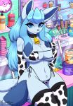 animal_print anthro anthrofied big_breasts blue_body blue_eyes blue_hair breasts cherubi clock clothed clothing cottonee cow_print dessert eeveelution female flaaffy food generation_1_pokemon generation_2_pokemon generation_4_pokemon generation_5_pokemon gengar glaceon hair hi_res ice_cream legwear meowth nintendo partially_clothed pokemon pokemon_(species) sitting_on_counter smile smiling_at_viewer solo store thigh_highs vanillite yumiiefox