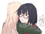  ? black_hair blonde_hair brown_eyes commentary egakuning english_commentary glasses green_jacket hand_on_another&#039;s_back heterochromia highres hug jacket kamikoshi_sorawo long_hair mahou_shoujo_madoka_magica nishina_toriko red_jacket semi-rimless_eyewear short_hair simple_background under-rim_eyewear urasekai_picnic white_background yuri 