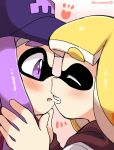  2girls baseball_cap blonde_hair blush closed_eyes eromame hands_on_another&#039;s_face hat hood hoodie imminent_kiss inkling inkling_girl inkling_player_character multiple_girls purple_eyes purple_hair smile splatoon_(series) tentacle_hair thick_eyebrows yellow_eyes yuri 