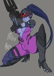  blue_hair bulge female full_body futanari gloves looking_at_viewer mikoyan overwatch purple_skin solo widowmaker_(overwatch) yellow_eyes 